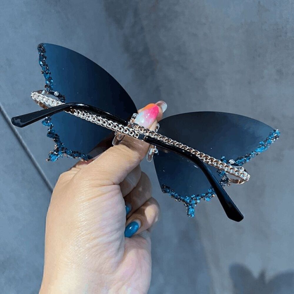 🦋✨ Rhinestone Diamond Butterfly Rimless Y2K Shades Sunglasses NEW - Picture 11 of 15